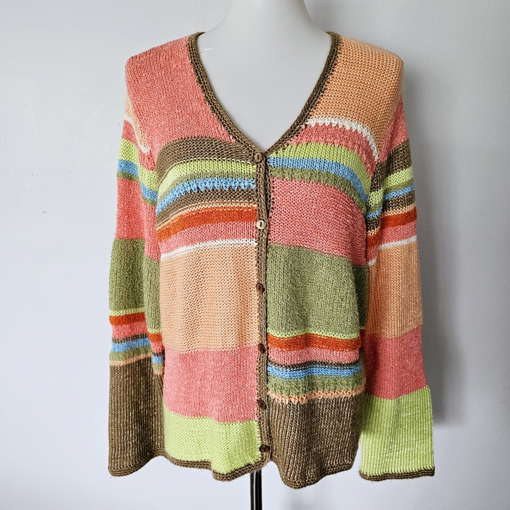 Crazy Horse Collection Y2K Multicolor Colorblock Cardigan Size XL Grannycore - Picture 2 of 9